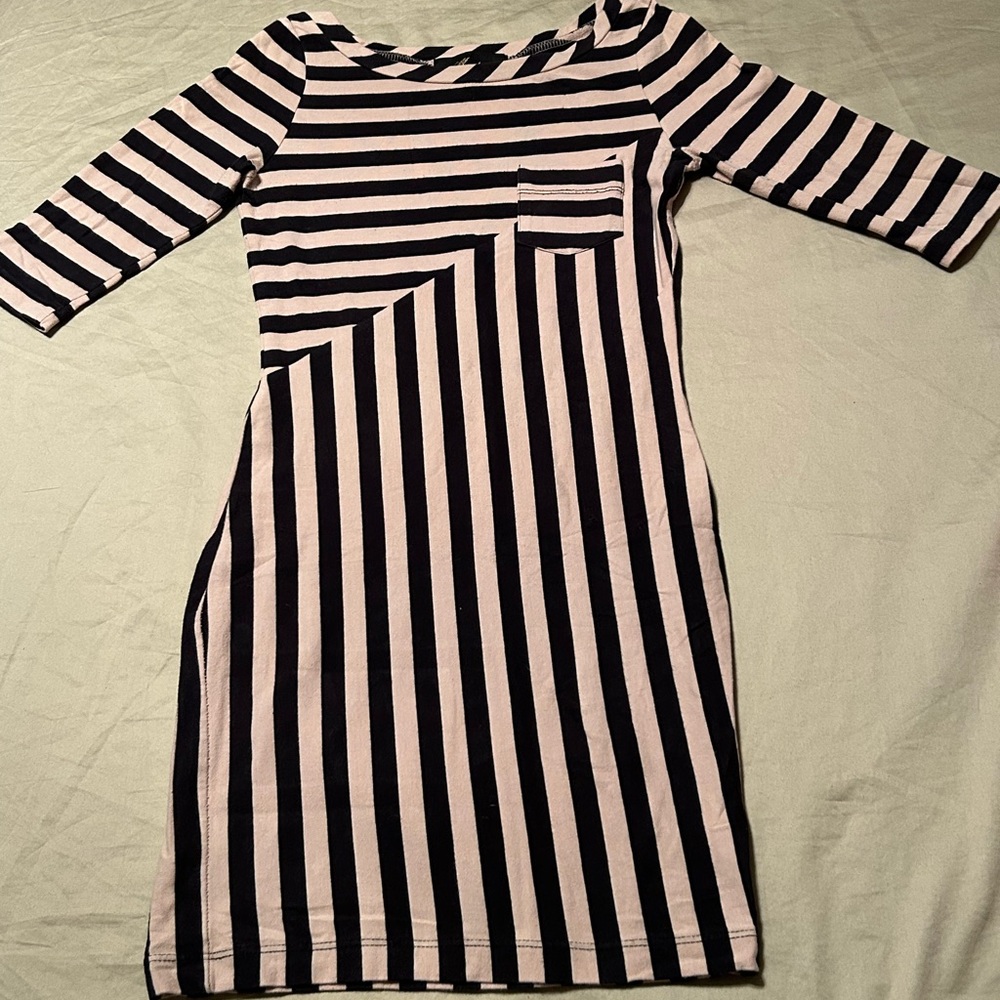 Monteau Black and Beige Striped Long Sleeve Dress
